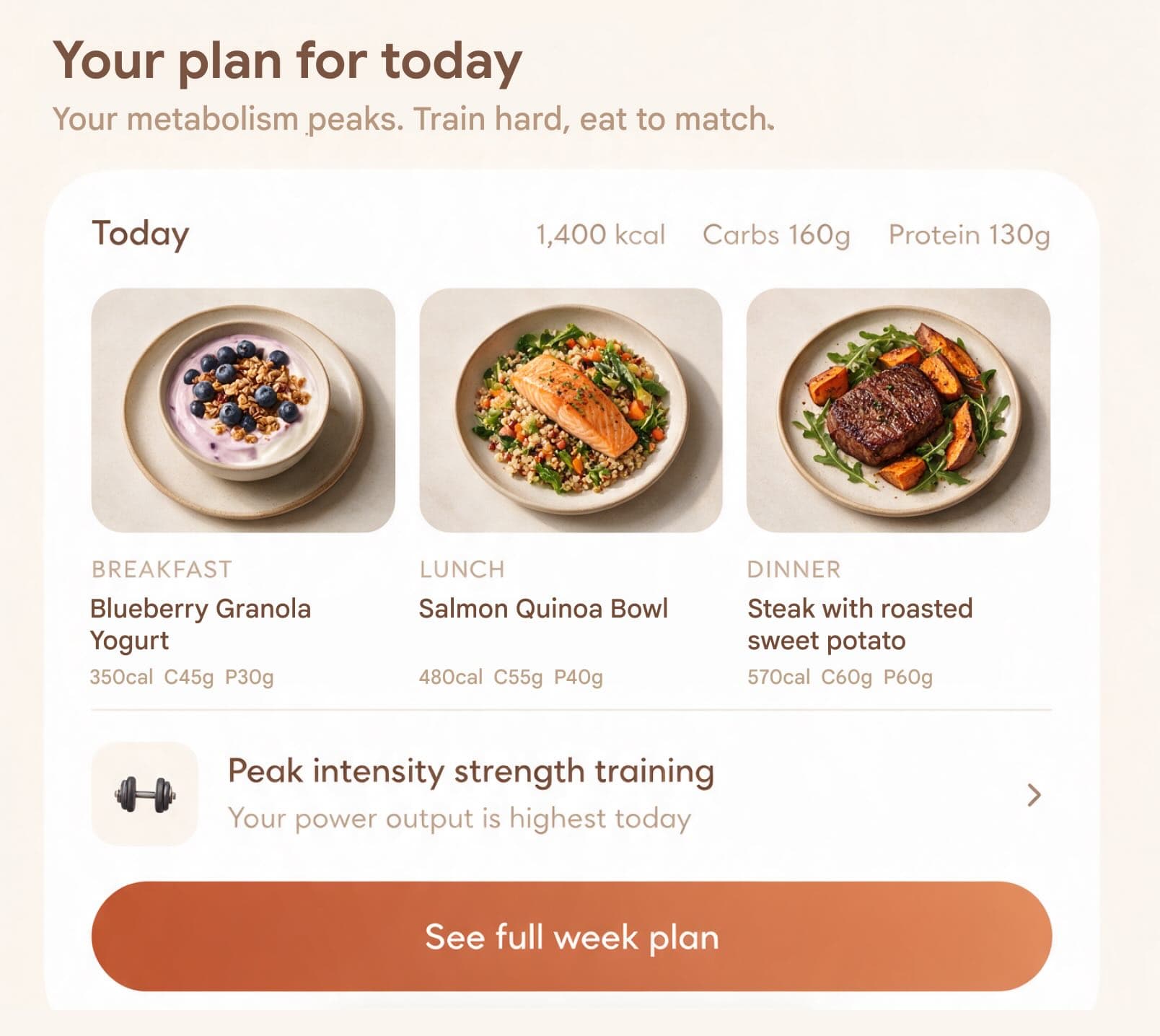 Glow daily plan showing meal ideas and a workout suggestion