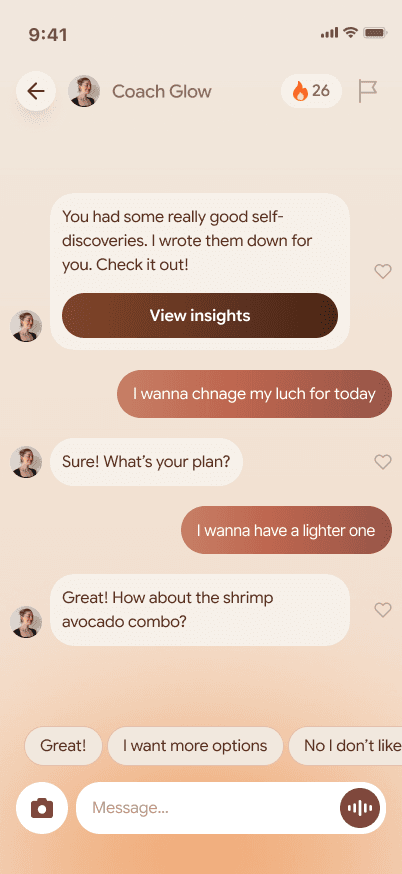 Glow coach chat interface showing a user-controlled meal-planning conversation