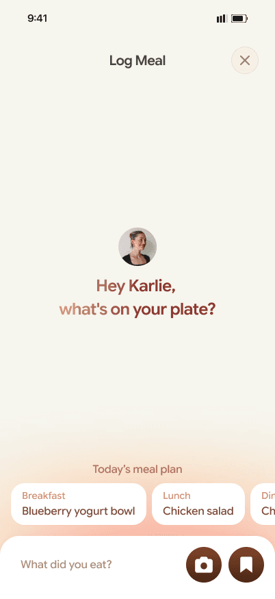 Glow Log Meal screen with camera and text entry controls