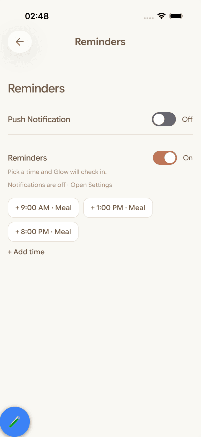 Glow reminder settings with user-selected check-in times